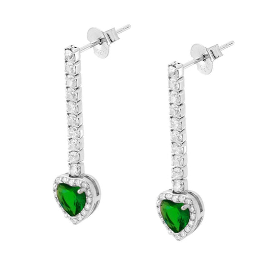 Tennisohrringe mit grünem Smaragd-Herzanhänger, umgeben von weißen Cubic Zirconia, aus 925er Silber rhodiumbeschichtet - MeinSchmuckShop