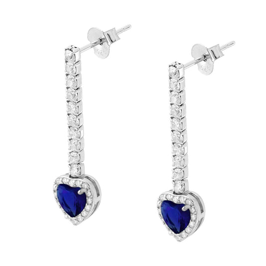Tennisohrringe mit Herz-Anhänger, blauem Saphir, umgeben von weißen Cubic Zirconia, aus 925er Sterlingsilber rhodiniert - MeinSchmuckShop