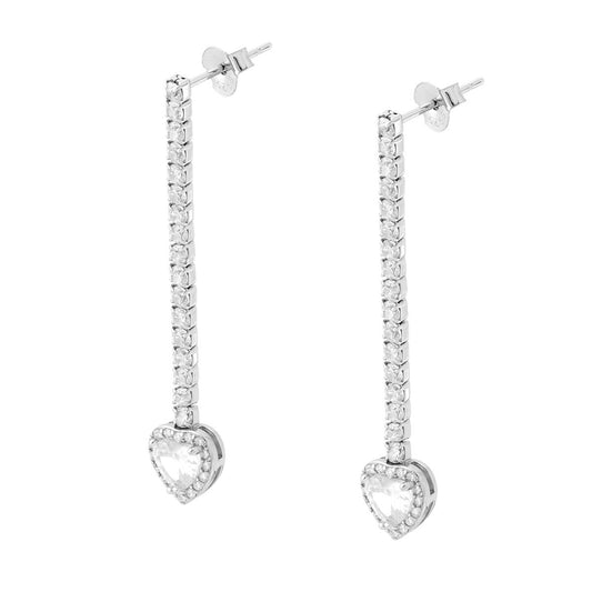 Lange Tennisohrringe mit Herz-Anhänger, Weiß, umgeben von weißen Cubic Zirconia, aus 925er Silber, rhodiniert. - MeinSchmuckShop