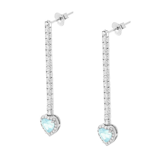 Lange Tennis-Ohrringe mit Herzanhänger, Aquamarin, umgeben von weißen Cubic Zirconia, in 925er Silber rhodiniert galvanisch. - MeinSchmuckShop