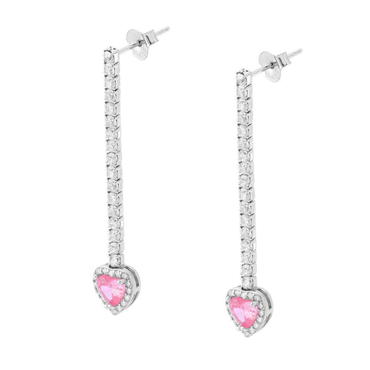 Lange Tennis-Ohrringe mit rosa Herz-Anhänger, umgeben von weißen Cubic-Zirkonien, aus 925er Silber rhodiniert. - MeinSchmuckShop