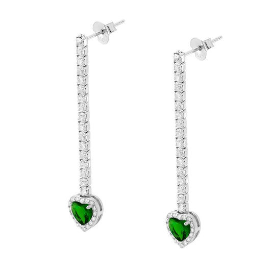 Lange Tennis-Ohrhänger mit grünem Smaragd-Herzanhänger, umgeben von weißen Cubic Zirconia, aus 925er Silber rhodiniert. - MeinSchmuckShop