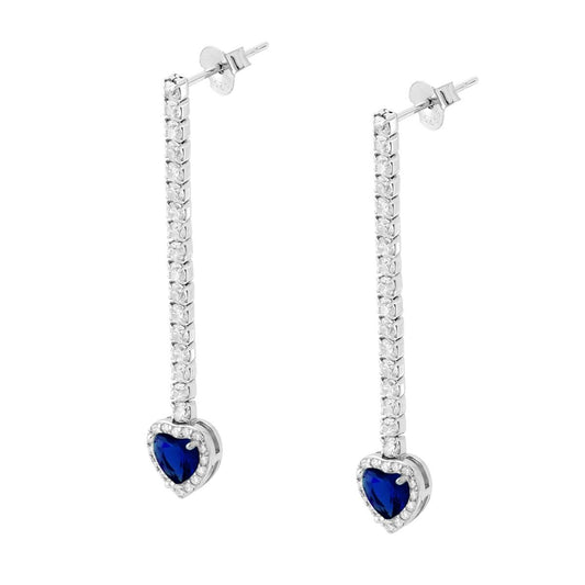Lange Tennis-Ohrringe mit blauem Saphir-Herz als Anhänger, umgeben von weißen Cubic Zirconia, aus 925er Silber, rhodiniert - MeinSchmuckShop