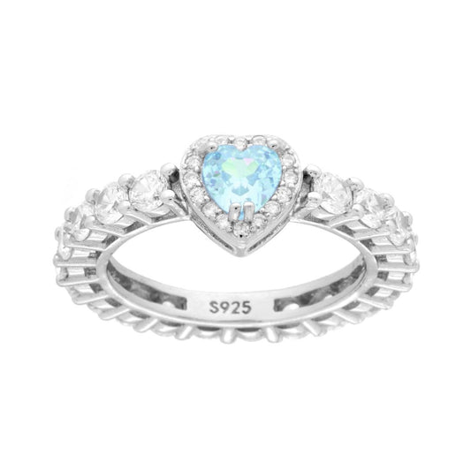 Eternity-Ring mit Rundfassungen aus weißen Cubic Zirconia, Herz aus Aquamarin, in 925er Silber rhodiniert - MeinSchmuckShop