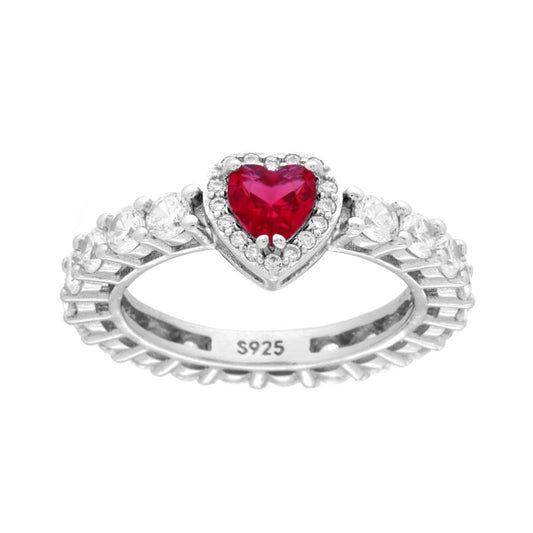 Eternity-Veretta umlaufender Ring mit weißen Cubic-Zirconia und rotem Rubinherz aus Silber 925, rhodiniert - MeinSchmuckShop