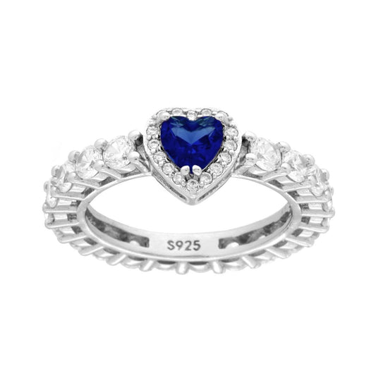 Eternity-Ring mit gedrehter Verette, mit weißen Cubic Zirconia, mit blauem Herz-Saphir, aus Silber 925 rhodiniert - MeinSchmuckShop