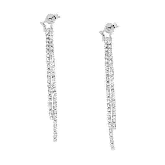 Lange Ohrringe mit zwei Strängen Tennis-Design, mit weißen Zirkonias und Stern, aus 925er Silber, rhodiniert. - MeinSchmuckShop