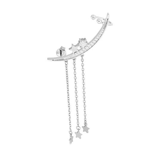 Langer Ohrring, linker Ohrklemme, Kronleuchter-Luna mit Sternen und weißen Zirkonien, aus Silber 925 rhodiniert - MeinSchmuckShop