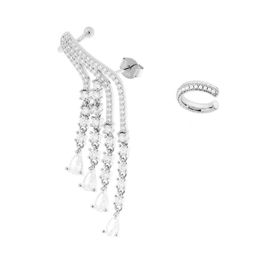 Langer Ohrring mit zwei Elementen, rechtes Ohr-Cuff, Kronleuchter-Ohrring mit weißen Zirkonien, aus 925er Silber, rhodiniert galvanisch - MeinSchmuckShop