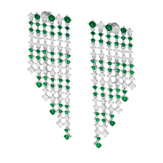 Chandelier-Ohrringe, sechs Fäden degradé Tennis mit Cubic Zirconia in Smaragdgrün und Weiß abwechselnd, aus 925er Silber rhodiniert - MeinSchmuckShop