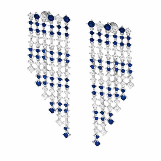 Ohrstecker Kronleuchter, sechs Fäden abgestuft, Tennis mit Cubic Zirconia Blau Saphir und Weiß abwechselnd in Silber 925 galvanisch Rhodium - MeinSchmuckShop