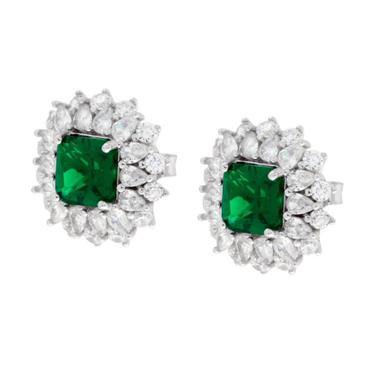 Ohrringe mit quadratischem Cushion in Smaragdgrün, umgeben von weißen Cubic Zirconia, aus 925er Silber galvanisch rhodiniert. - MeinSchmuckShop