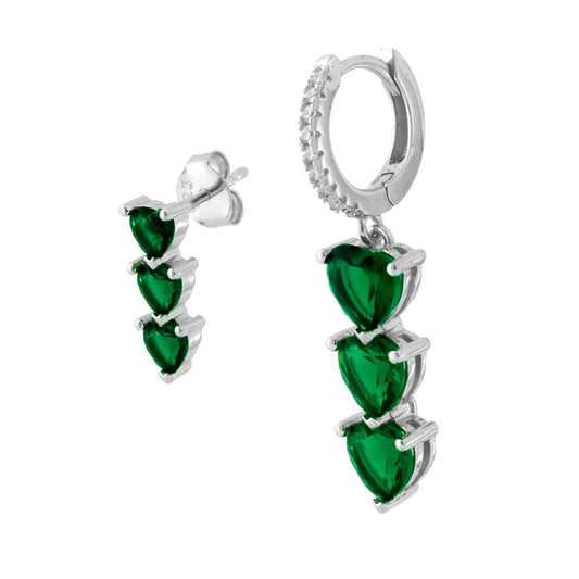 Asymmetrische Ohrringe mit Kreis-Schnappverschluss, Trilogy, Smaragdgrüne Herzen aus Cubic Zirconia, in 925er Silber rhodiniert - MeinSchmuckShop
