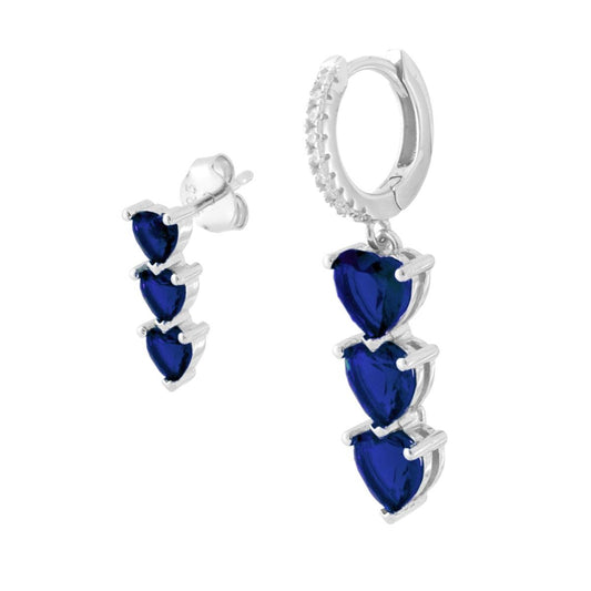 Asymmetrische Ohrringe, Kreishänger mit Schnappverschluss, mit Trilogy-Herzen aus Cubic Zirconia Blau Zafiro, Silber 925 rhodiniert. - MeinSchmuckShop