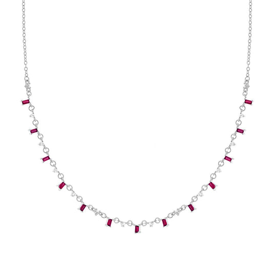 Kette mit Forzatina-Diamantierung, mit Cubic Zirconia-Baguette, rubinrot und weißen Lichtpunkten, hängend aus Silber 925 rhodiniert - MeinSchmuckShop