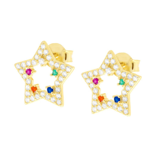 Ohrringe in Sternform mit multicolor Cubic Zirconia aus 925er Silber, Gold galvanisiert - MeinSchmuckShop