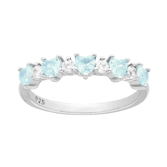 Ring in Veretta-Form mit Herzen, Cubic Zirconia und Aquamarin, abwechselnd mit weißen Rundsteinen, aus 925er Silber, rhodiniert. - MeinSchmuckShop