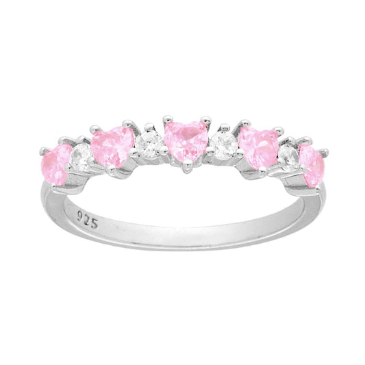 Veretta-Ring mit rosa Herzen aus Cubic-Zirconia, abwechselnd mit weißen Rundsteinen, aus 925er Silber, rhodium-plattiert - MeinSchmuckShop