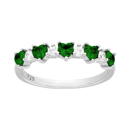 Veretta-Ring mit Herzen, emeraldgrünem Cubic Zirconia, abwechselnd mit weißen Rundsteinen, aus 925er Silber rhodiniert - MeinSchmuckShop