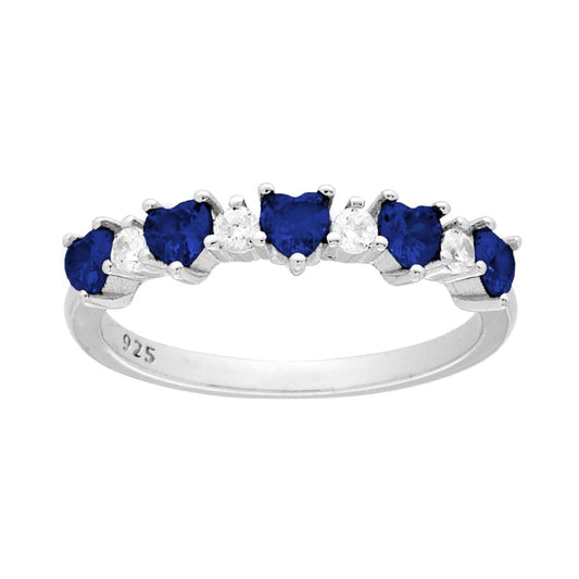 Ring Veretta Herzen kubisches Zirkon Blau Saphir abwechselnd mit weißen Rondellen aus 925er Silber rhodiniert - MeinSchmuckShop