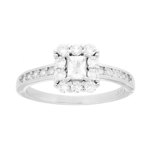 Solitärring mit weißem Cubic Zirconia, rechteckig, aus 925er Silber rhodiniert - MeinSchmuckShop