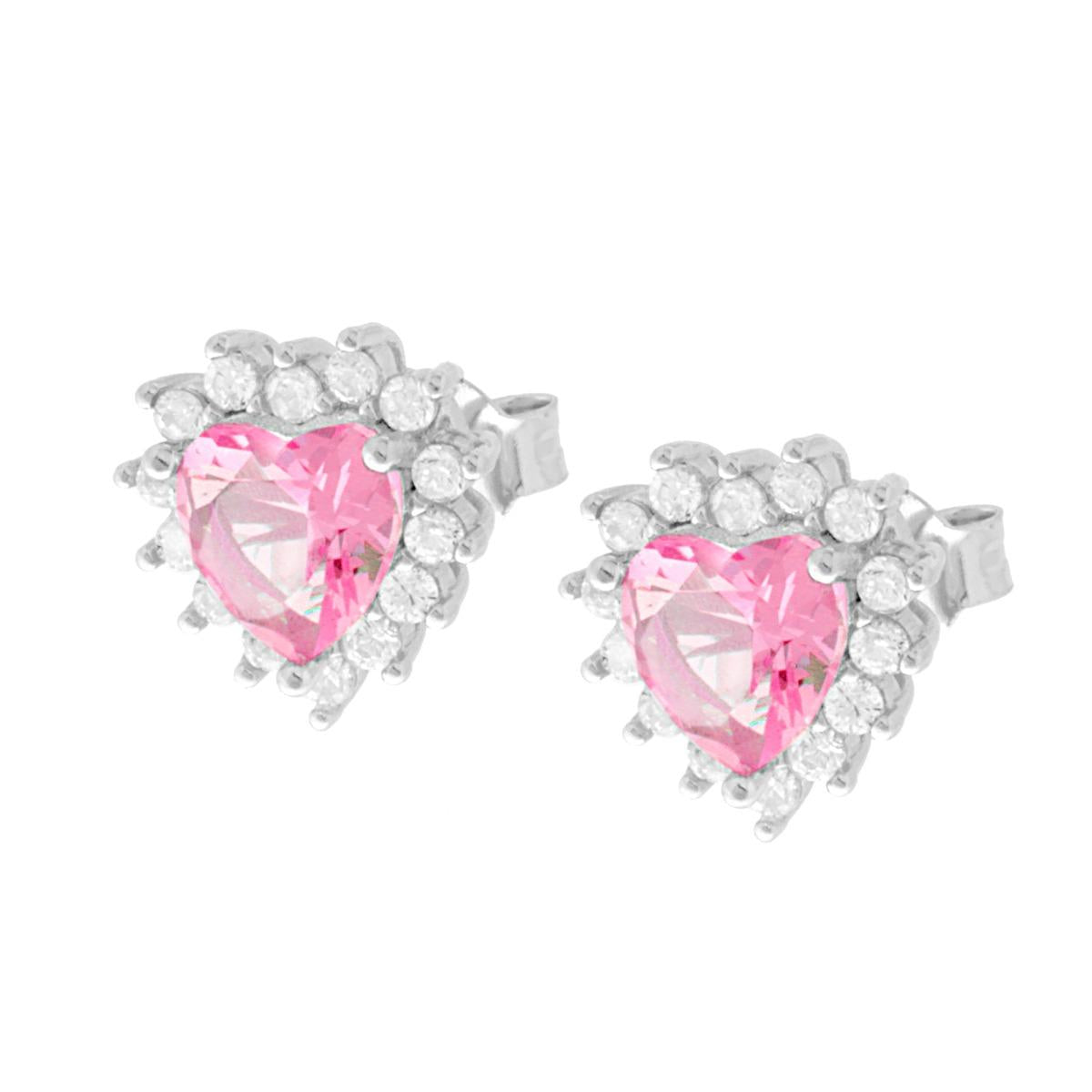 Ohrringe Herz in Rosa, umgeben von weißen Cubic Zirconia, aus 925er Silber rhodiniert - MeinSchmuckShop