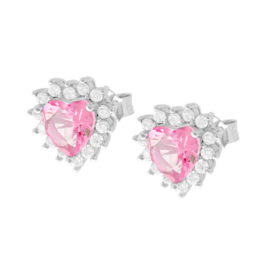 Ohrringe Herz in Rosa, umgeben von weißen Cubic Zirconia, aus 925er Silber rhodiniert - MeinSchmuckShop