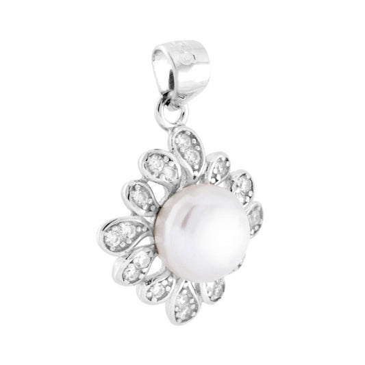 Anhänger mit Süßwasserperle, umgeben von weißen Cubic-Zirconia-Blütenblättern, aus Silber 925, rhodiumbeschichtet - MeinSchmuckShop