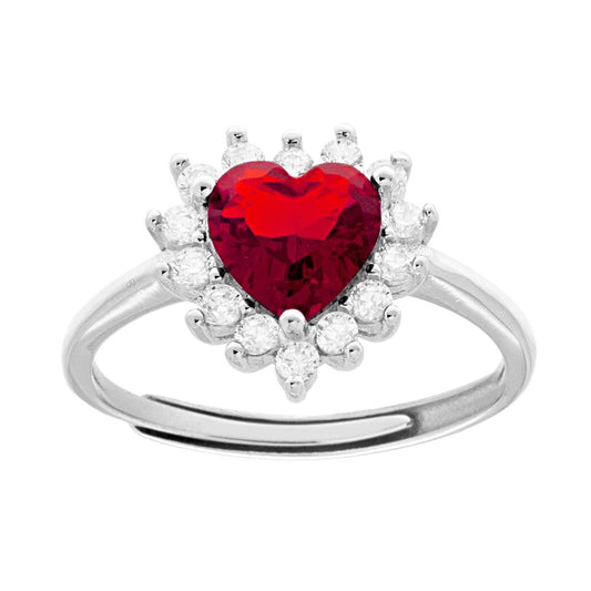 Solitärring Herz Rubinrot, umgeben von weißen Cubic Zirconia, aus 925er Silber rhodiniert - MeinSchmuckShop