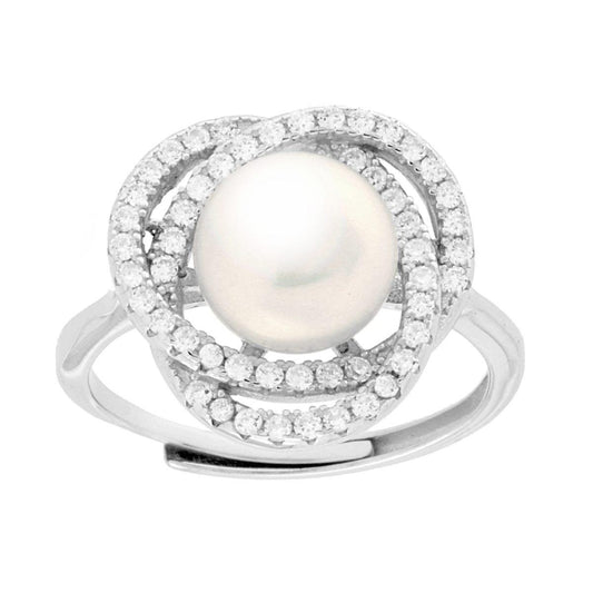 Ring aus Flussperle mit weißen Cubic Zirconia, 925er Silber, rhodiniert. - MeinSchmuckShop