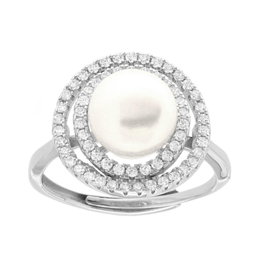 Ring mit Flussperle und weißen Cubic Zirconia aus 925er Silber, rhodiniert. - MeinSchmuckShop