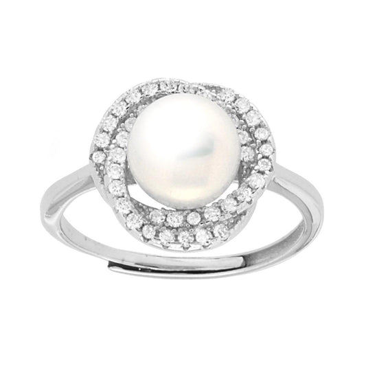 Ring mit Süsswasserperle, mit weißen Cubic Zirconia, aus 925er Silber, rhodiniert. - MeinSchmuckShop
