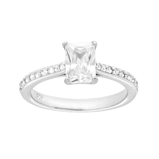 Solitärring mit weißem Cubic-Zirconia, rechteckig, aus 925er Sterlingsilber rhodiniert. - MeinSchmuckShop