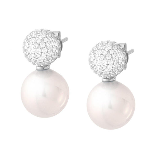 Ohrstecker mit Perle, Halbkugel, weiße Cubic-Zirkonia, Silber 925 galvanisch rhodiniert - MeinSchmuckShop