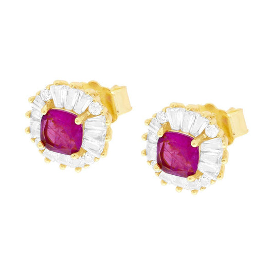 Kissen-Cut-Ohrringe mit rotem Rubin-Naturstein und weißen Cubic Zirconia-Trapezen aus Silber 925, goldgalvanisiert - MeinSchmuckShop