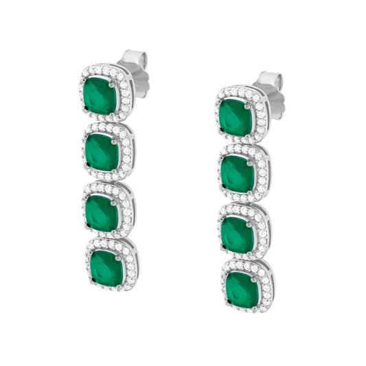 Quadratische hängende Ohrringe mit natürlichen smaragdgrünen Steinen, umrahmt von weißen Cubic-Zirkonien, aus rhodiniertem 925er Silber. - MeinSchmuckShop