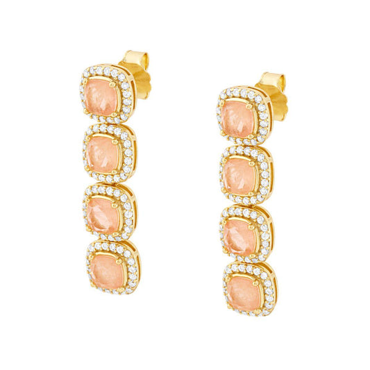 Quadratische Hängeohrringe mit natürlichen pudrig-pinken Steinen, von weißen Cubic Zirconia umrahmt, aus 925er Silber, galvanisch goldplatiert - MeinSchmuckShop