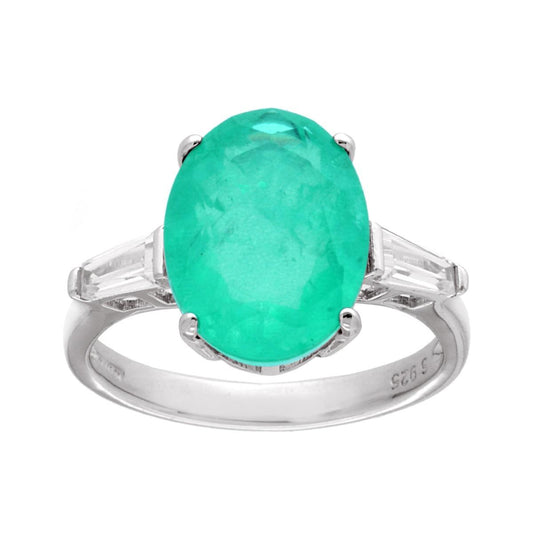 Solitärring aus natürlichem Paraiba-Turmalin und weißem Cubic Zirconia, trapezförmig, Silber 925 galvanisch rhodiniert - MeinSchmuckShop