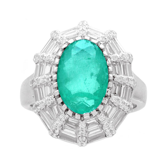 Ovaler Ring mit natürlichem Paraiba-Turmalin und weißen Cubic-Zirconia-Baguetten, in 925er Silber rhodiniert - MeinSchmuckShop