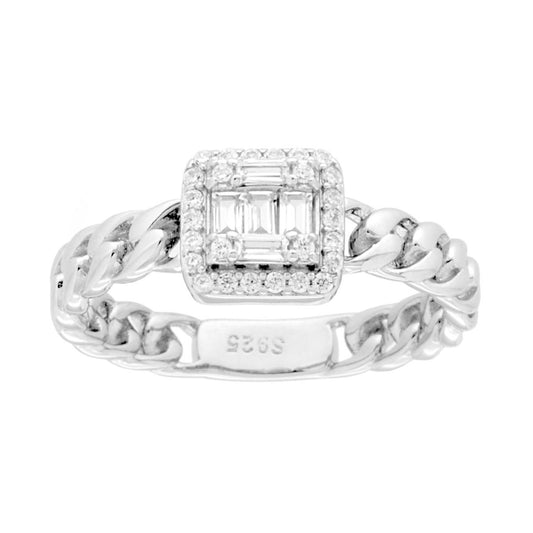 Solitärring mit Grumetta-Kette und weißen Cubic Zirconia aus 925er Silber, rhodiniert. - MeinSchmuckShop