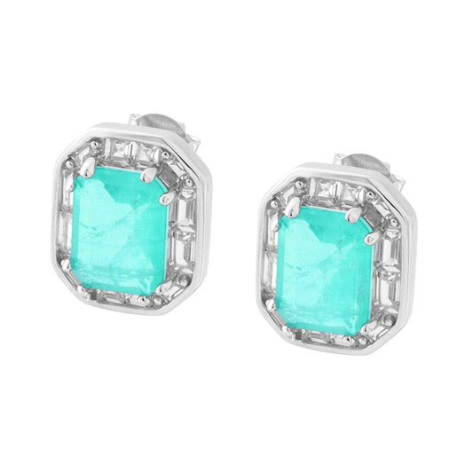 Ohrstecker Rechteck mit weißen Cubic-Zirkonia-Baguetten und natürlichem Aquamarin aus Silber 925, rhodiumbeschichtet - MeinSchmuckShop