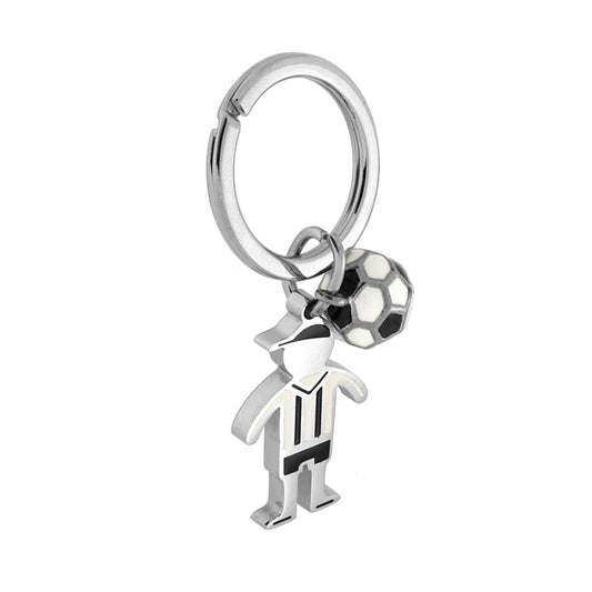Schlüsselanhänger mit Ring, kleines Männchen und Fußball mit weißer und schwarzer Emaille aus Stahl. - MeinSchmuckShop