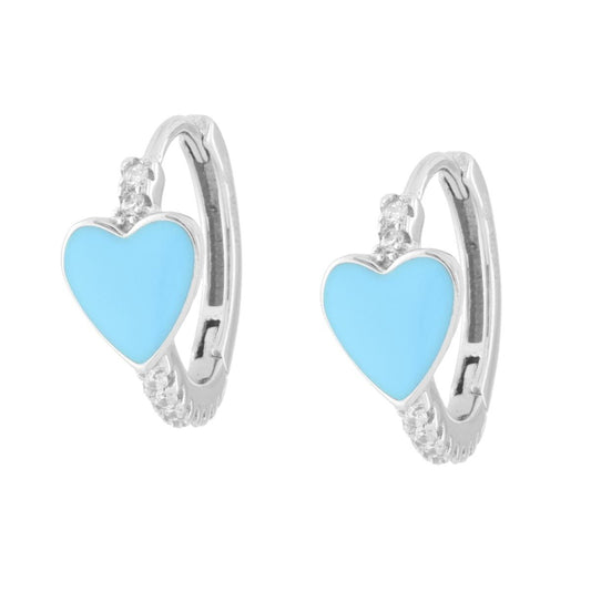 Ohrringe: 15 mm Kreisring mit Schnappverschluss, mit blau emailliertem Herz und weißen Cubic Zirconia, aus 925er Silber rhodiniert - MeinSchmuckShop