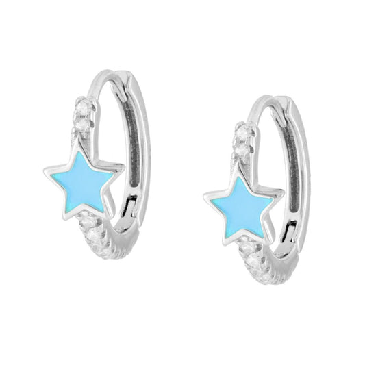 Ohrringe 15 mm mit Klappverschluss, Stern blau emailliert und weiße Cubic Zirconia, aus Silber 925 rhodiniert - MeinSchmuckShop