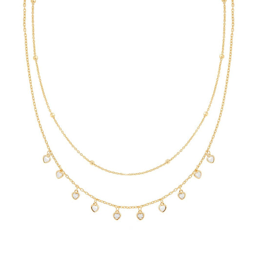 Zwei-Faden-Kette, Forzatina-Diamantierte Kette mit weißen Cubic Zirconia-Herzen, Anhänger aus Silber 925, Gold galvanisiert - MeinSchmuckShop