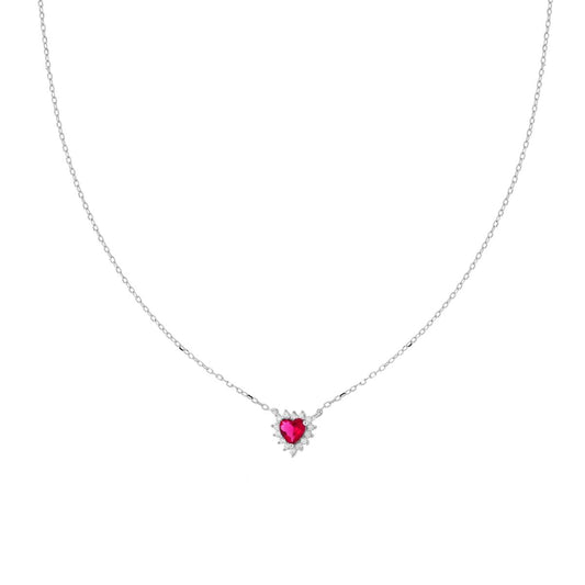 Kette mit Diamantbesatz, rotes Rubinherz, umgeben von weißen Cubic Zirconia, aus 925er Silber, rhodiniert - MeinSchmuckShop