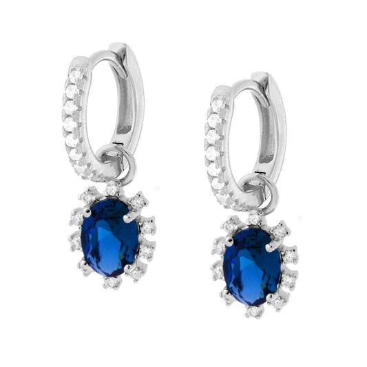Ohrringe mit Schnappverschluss, ovaler blauer Saphir-Anhänger, umgeben von weißen Cubic Zirconia, in Silber 925 rhodiniert - MeinSchmuckShop