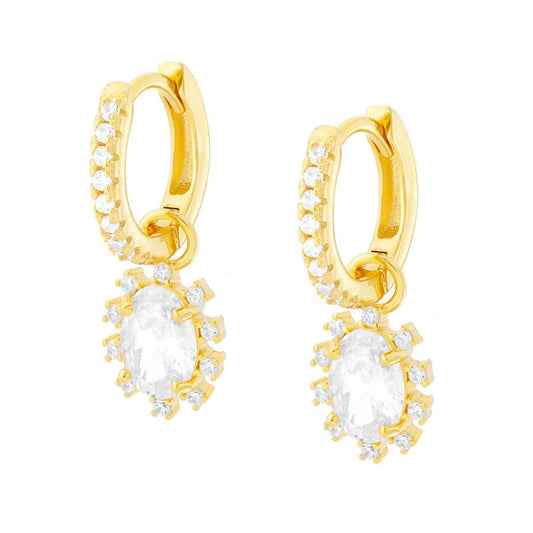 Ohrhänger in Kreisform mit Klappverschluss, weißes Ovalpendant, umrahmt von weißen Cubic Zirconia, aus 925er Silber, Goldbeschichtung - MeinSchmuckShop