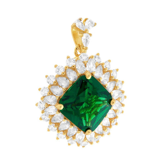 Quadratischer Smaragdgrüner Anhänger, umgeben von weißen Cubic Zirconia, aus 925er Silber, galvanisch vergoldet. - MeinSchmuckShop