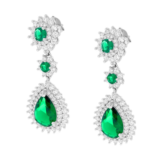 Ohrhänger mit runden Plättchen und smaragdgrüner Tropfenform, umrandet von weißen Cubic Zirconia, aus 925er Silber, rhodiniert galvanisch - MeinSchmuckShop